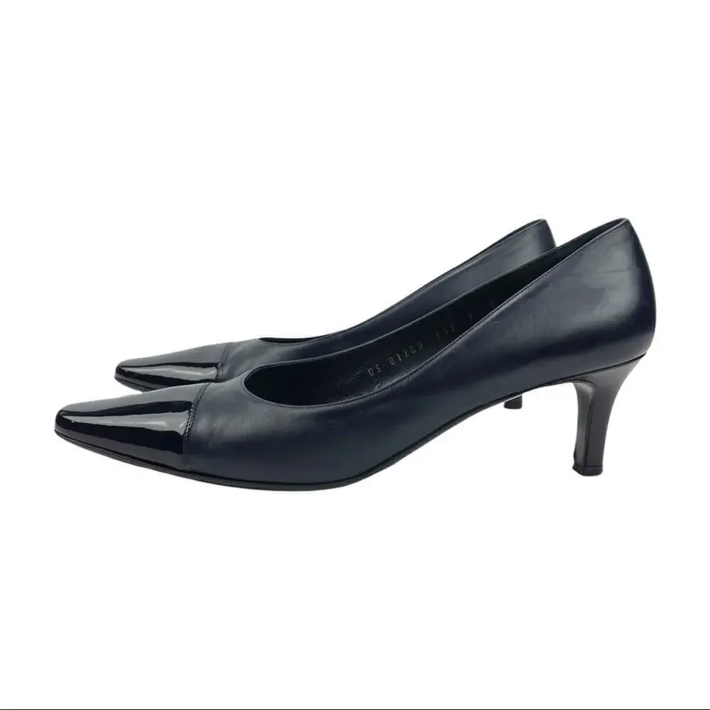VTG Salvatore Ferragamo Navy  Dual Texture Patent Cap Toe/Leather Heels Pumps 9
